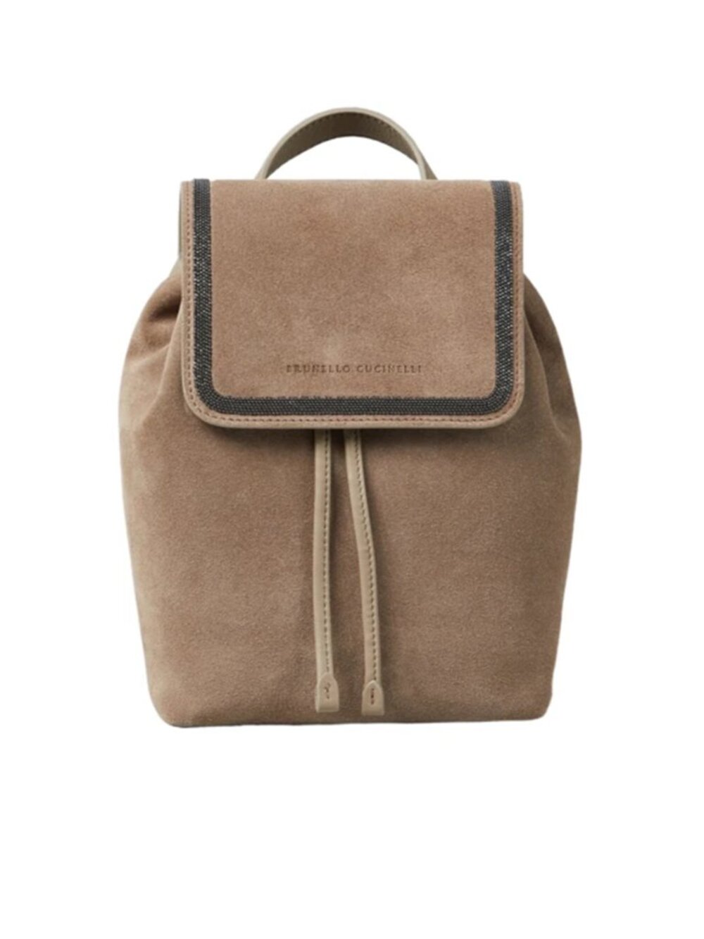 Brunello Cucinelli Brown Suede Backpack Logo Embossed Drawstring Monili Trim